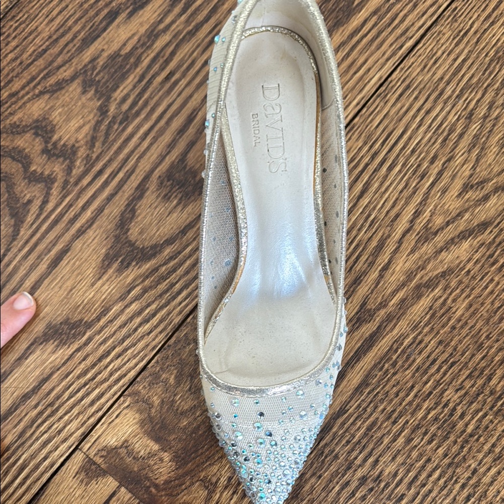 David's Bridal Cream Heels with Rhinestone Embellishments